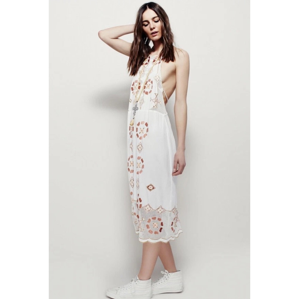Free People White Midi Dress with Tan Embroidery